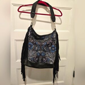 Leather and huipil Black and Blue Fringe Women's Bag